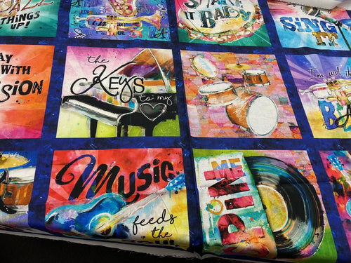 connie haley rhythum hues panel piano brass drums guitar trumpet saxophone cotton fabric shack malmesbury 2