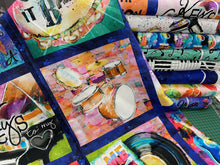connie haley rhythum hues panel piano brass drums guitar trumpet saxophone cotton fabric shack malmesbury 2