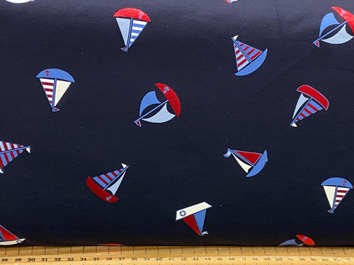 cotton jersey sailing boats yachts navy red foil fabric shack malmesbury 3