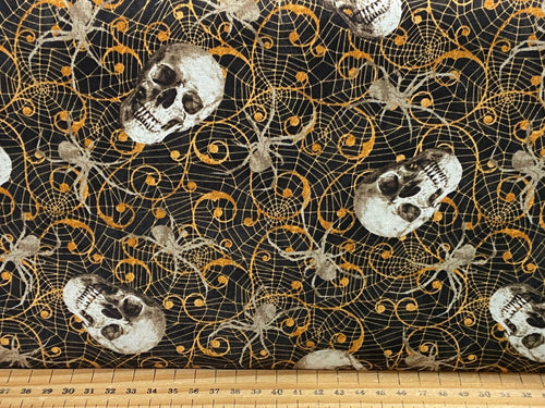 deja boo blank quilting satin moon designs cotton fabric shack malmesbury skull spider web black orange