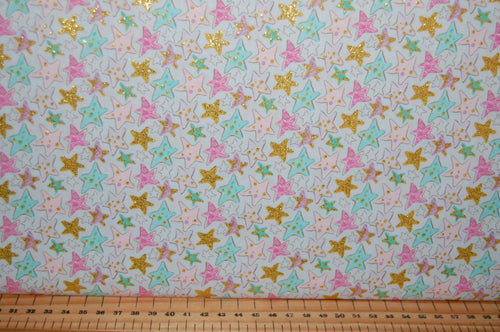 fabric shack sewing quilting sew fat quarter cotton quilt patchwork 3 three wishes unicorn sparkle unicorns clouds moon stars metallic gold light blue pink pastels (3)