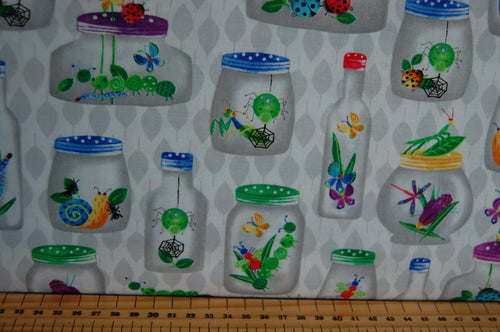 fabric shack sewing quilting sew fat quarter cotton quilt patchwork dress making blank bugs galore insects dragonfly butterfly ladybird spider bottles blue white 
