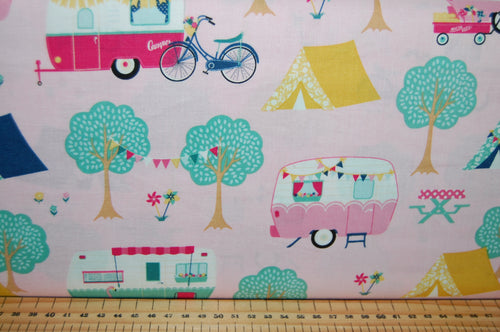 fabric shack sewing quilting sew fat quarter cotton quilt patchwork dressmaking dani mogstad riley blake id rather be glamping caravan tent bicycle panel placemat bunting pillow pot holder (3)