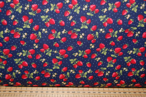 fabric shack sewing quilting sew fat quarter cotton quyilt patchwork dressmaking rose & and hubble strawberries strawberry navy blue patch picnic