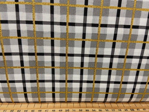fabric shack sewing quilting sew fat quarter cotton patchwork quilt 3 three wishes christmas holiday xmas peace on earth check plaid grey metallic gold stripe