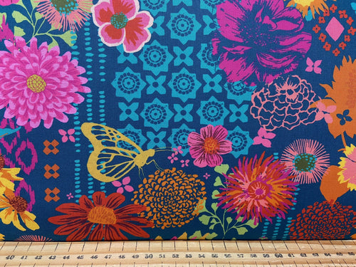 fabric shack sewing quilting sew fat quarter cotton patchwork quilt crystal manning for moda kasada flowers moths teal blue