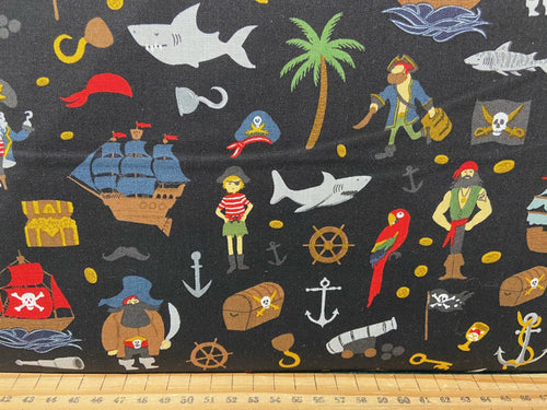 fabric shack sewing quilting sew fat quarter cotton patchwork quilt echo park riley blake pirate tales shark galleon ship jolly roger rum sea icons black