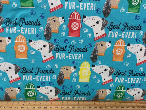 fabric shack sewing quilting sew fat quarter cotton patchwork quilt fabric editions best friends furever forever dogs puppy dog mutt dalmatian polka dot spots dogs yellow heads turquoise