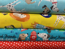 fabric shack sewing quilting sew fat quarter cotton patchwork quilt fabric editions best friends furever forever dogs puppy dog mutt dalmatian polka dot spots dogs yellow heads turquoise