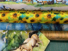 fabric shack sewing quilting sew fat quarter cotton patchwork quilt john richard keeling MHS licensing 3 wishes sunflower stampede pony horse ponies foals farm ranch horses panel flowers 4