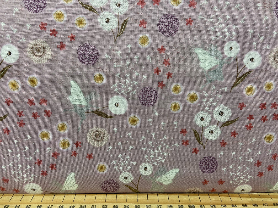 fabric shack sewing quilting sew fat quarter cotton patchwork quilt lewis & and irene fairy fairies clocks metallic fairies & dandelion plants metallic warm linen cream flowers floral