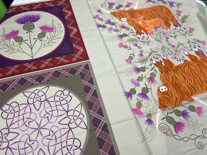 fabric shack sewing quilting sew fat quarter cotton patchwork quilt lewis & and irene loch lewis pillow panel highland cattle thistle 3