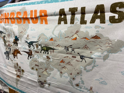 fabric shack sewing quilting sew fat quarter cotton patchwork quilt panel natural history museum age of the dinosaurs map t-rex triceratops diplodocus brontesaurus 3
