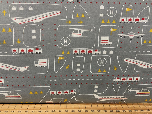 fabric shack sewing quilting sew fat quarter cotton patchwork quilt stacy iest hse moda on the go planes aeroplanes airport grey