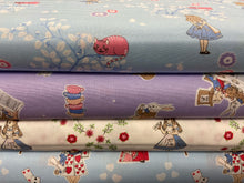 fabric shack sewing quilting sew fat quarter cotton quilt patchwork alice in wonderland alices adventures mad hatters tea party dormouse purple