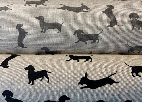 fabric shack sewing quilting sew fat quarter cotton quilt patchwork dachshund daxie sausage dog black grey linen look natural (2)