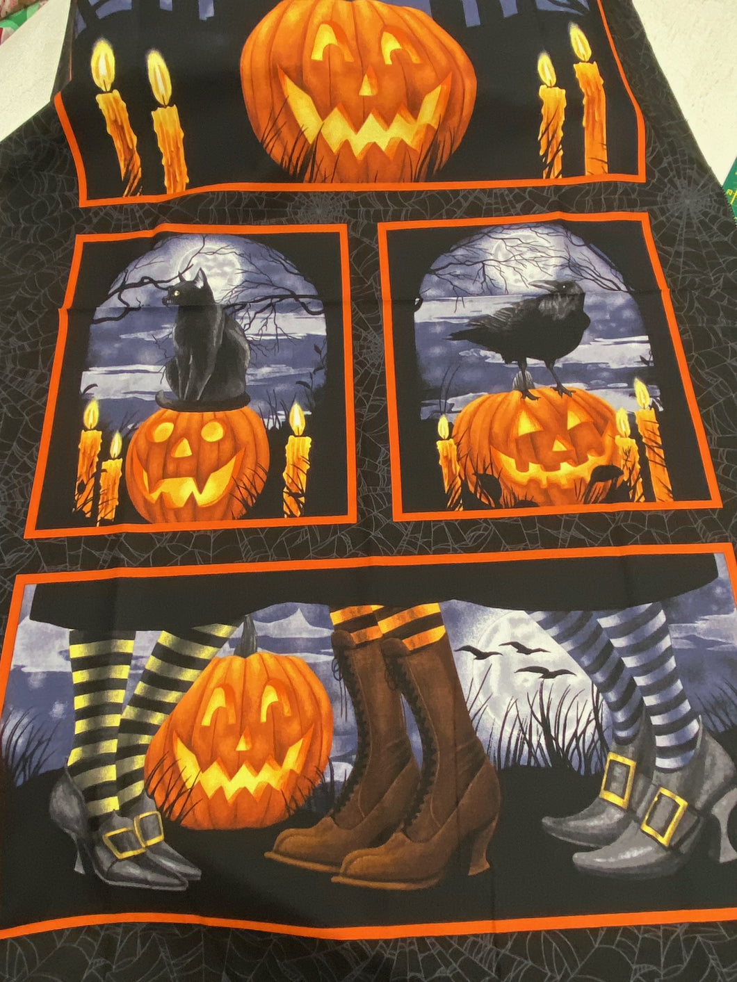 grace popp studio e midnight magic halloween boot boots pumpkin cat pumpkin raven crow panel placemat runner cotton fabric shack malmesbury 2