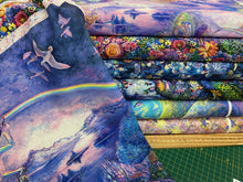 josephine wall 3 wishes astral voyage cosmic village cotton fabric shack malmesbury fairy rainbow star flowers floral tossed mushrooms