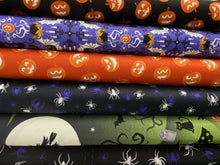 lewis & and irene haunted house glow in the dark halloween cotton fabric shack malmesbury cats bats hats blue