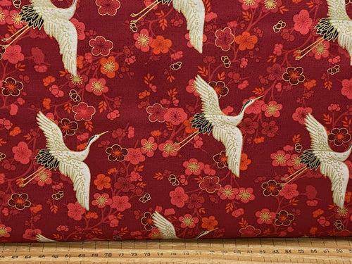 makower hikari chinese japanese metallic gold fat quarter cotton fabric shack malmesbury crane bird red flowers floral