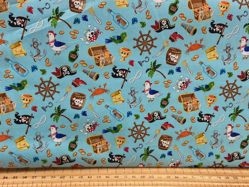 makower pirates icons blue skull crossbones cotton malmesbury fabric shack