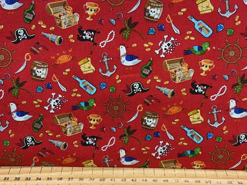 makower pirates icons red skull crossbones cotton malmesbury fabric shack