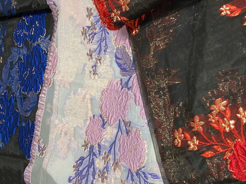 organza jacquard lace overlay net embroidered metallic brocade blue red lilac purple flowers floral