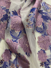 organza jacquard lace overlay net embroidered metallic brocade blue red lilac purple flowers floral