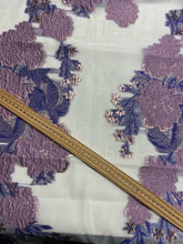 organza jacquard lace overlay net embroidered metallic brocade blue red lilac purple flowers floral