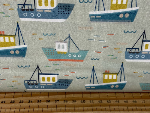 sally payne dashwood coast seaside boats fish crabs seagulls holiday fishing cotton fabric shack malmesbury boats
