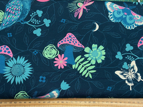 sarah watts ruby star society firefly mushroom toadstools tulip floral moth owl flower hare butterfly teal cotton fabric shack malmesbury