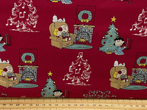 snoopy christmas cotton fabric shack malmesbury linus woodstock peppermint patty charlie brown lucy chestnuts roasting by the open fire red