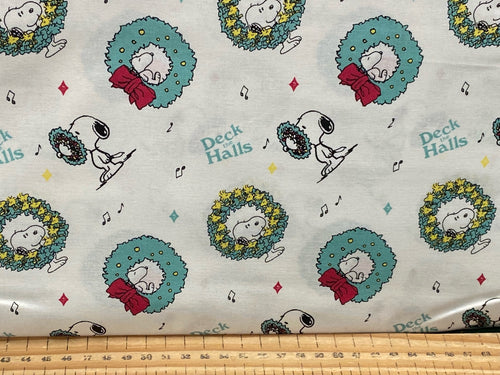 snoopy christmas cotton fabric shack malmesbury linus woodstock peppermint patty charlie brown lucy deck the halls white