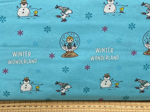 snoopy christmas cotton fabric shack malmesbury linus woodstock peppermint patty charlie brown lucy winter wonderland snowglobes blue