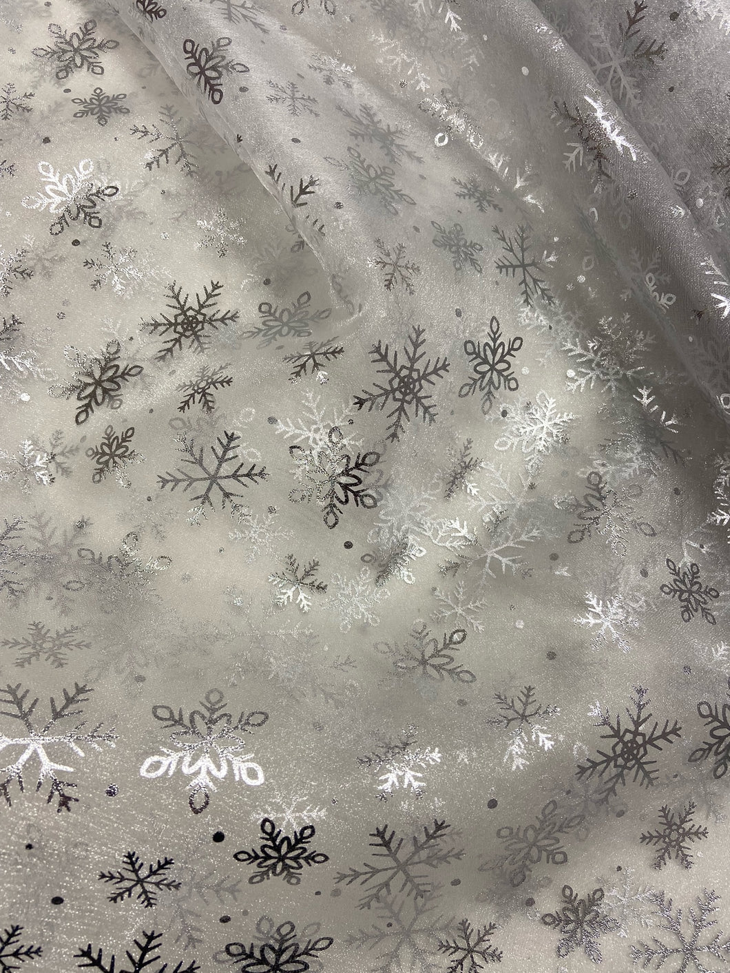 snowflake snow flake christmas frozen organza white silver metallic fabric shack malmesbury