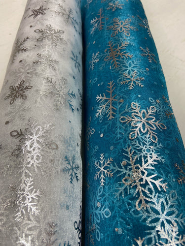snowflake snow flake christmas frozen organza white turquoise blue silver metallic fabric shack malmesbury