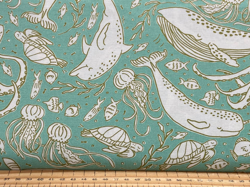 the sea and me stacy iest hsu moda seaside octopus whale dolphin turquoise blue sea cotton fabric shack malmesbury