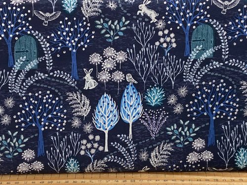 the secret winter garden lewis and irene cotton metallic fabric shack malmesbury woodland owl midnight blue pearl elements