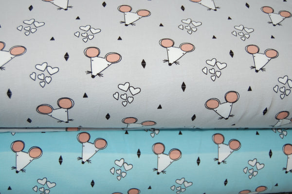 Fabric Shack Sewing Dressmaking T-Shirt Seatshirt Sew Cotton Jersey Mice Mouse Magic Hearts Grey Blue