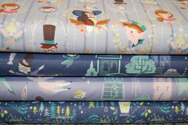 Fabric Shack Sewing Quilting Sew Fat Quarter Cotton Jill Howarth Riley Blake Neverland Peter Pan Captain Hook Wendy Darling Tinkerbell John Michael Captain Hook Fly Moon Stars Portrait  Big Ben Blue Purple Lilac