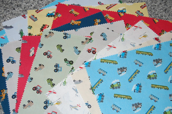 Lewis & Irene Small Things on the Move Fabric Shack Scrumptious Squares Layer Cakes Sewing Quilting Sew Fat Quarter Cotton Digger Car Plane Helicopter Tractor Landrover Motorbike 2 Train