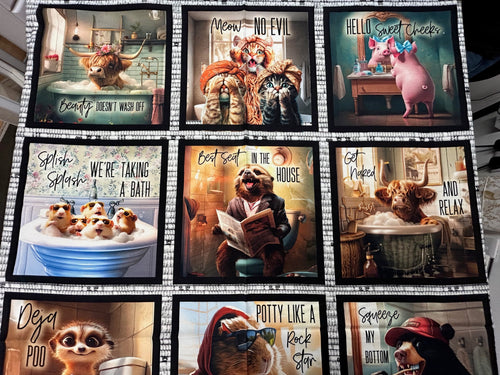 3 three wishes please seat yourself toilet bathroom highland cow meercat panel cotton fabric jim baldwin shack malmesbury 6