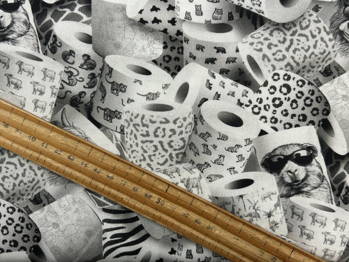 3 three wishes please seat yourself toilet bathroom toilet loo rolls black white cotton fabric jim baldwin shack malmesbury