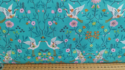 Bethan Janine Blossom Days  Cranes Turquoise Metallic  Fabric Shack Malmesbury