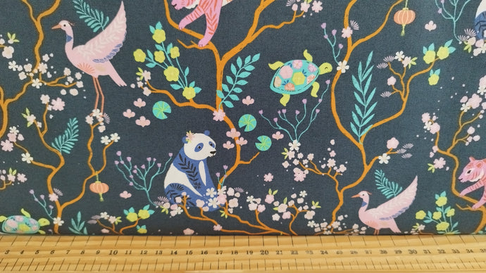 Bethan Janine Blossom Days Panda Crane Tiger Turtle Dark Grey Fabric Shack Malmesbury
