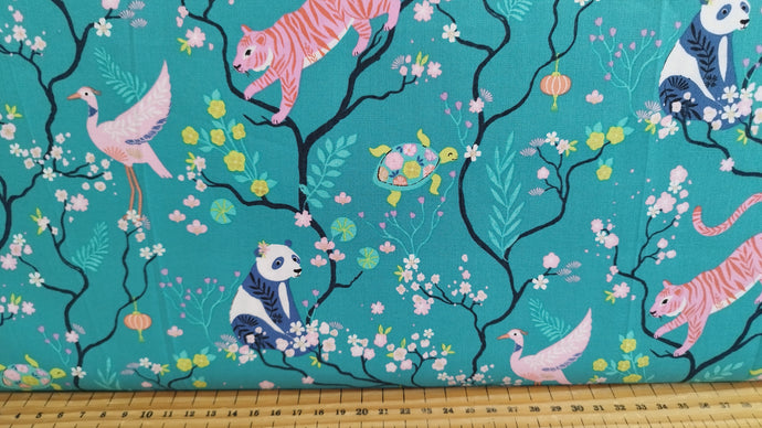 Bethan Janine Blossom Days Panda Crane Tiger Turtle Teal  Fabric Shack Malmesbury