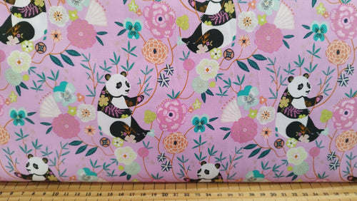 Bethan Janine Blossom Days Pandas Lilac Metallic  Fabric Shack Malmesbury