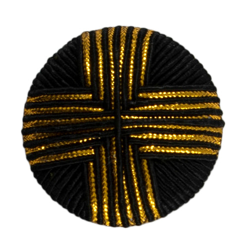 Carded Button Spinner Black thread round button with gold thread cross detail 32mm code R Fabric shack Malmesbury B801-01263  