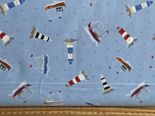 Lewis & Irene Small Things Coastal Boats & Lighthouses Light Blue Cotton Fabric by 1/4 Metre*