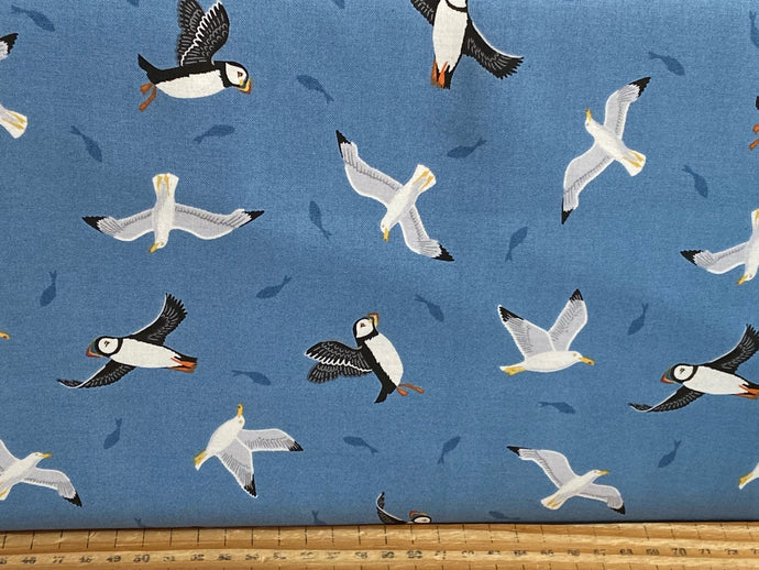 Lewis & Irene All Things Coastal Puffins & Gulls Coastal Blue cotton seagull Fabric Shack Malmesbury